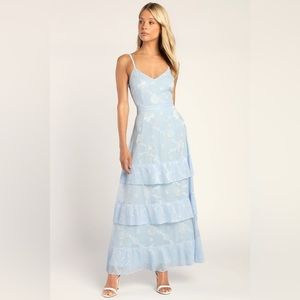 NWT Lulus Beaming Babe Light Blue Floral Print Jacquard Tiered Maxi Dress